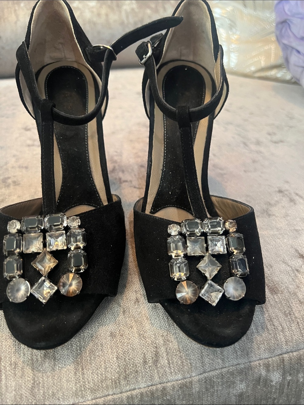 Marni Black T-Strap Heels with Crystal Embellishments